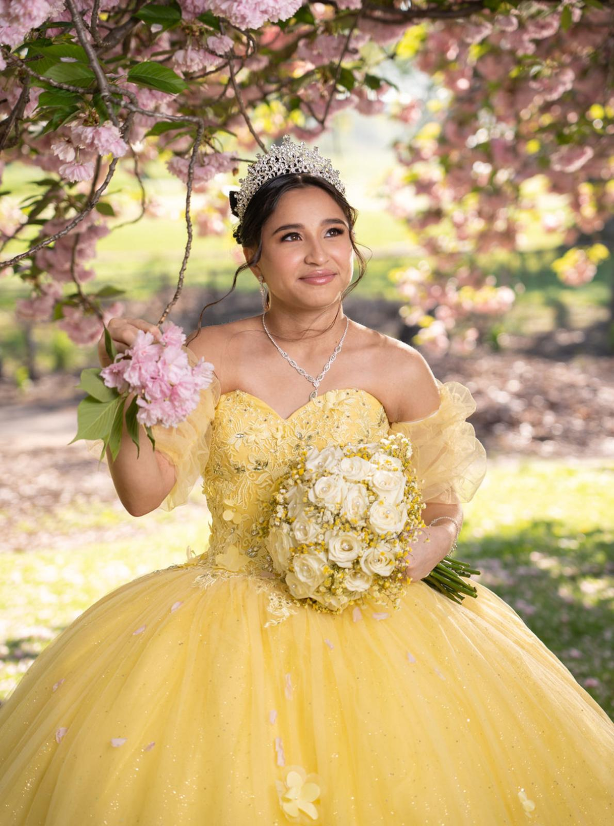 Quinceañera in yellow gown beneath blooming pink branches
